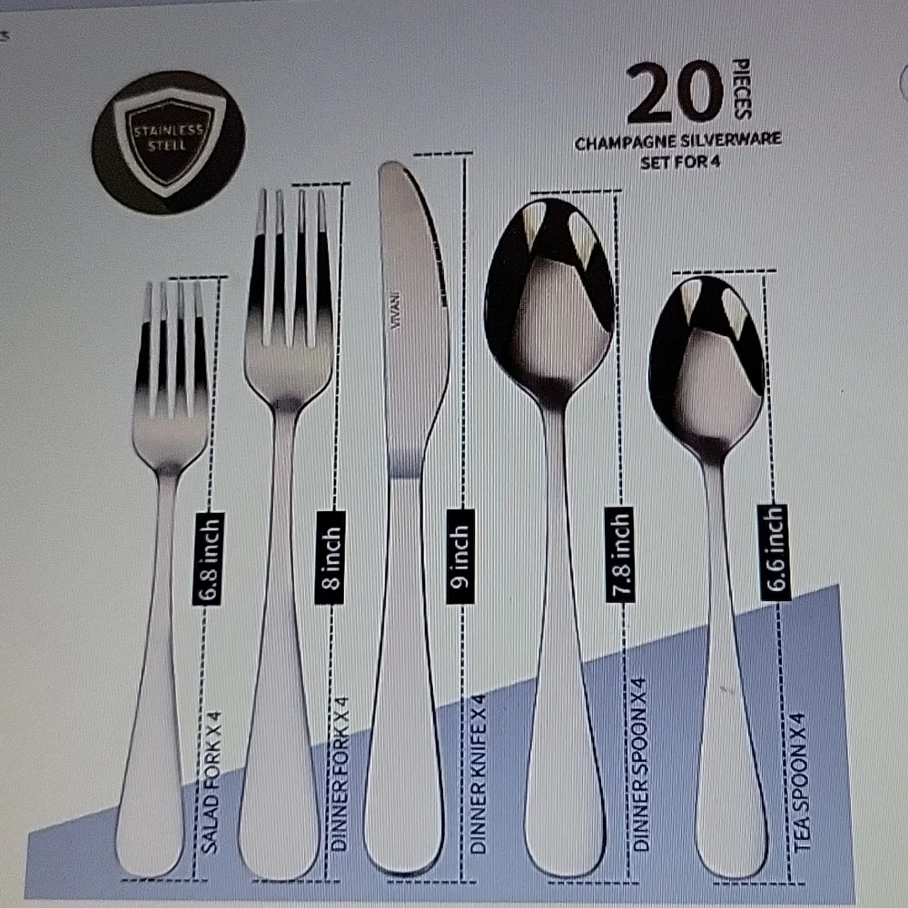 Vivani Champagne Gold 20 pc silverware set for 4 stainless steel flatware New…
